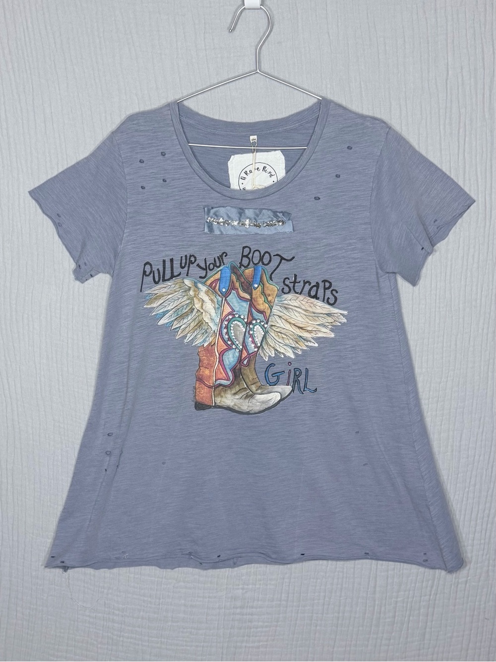 A Rare Bird “Pull Up Your Boot Straps Girl” Tattered Tee S/M NWT